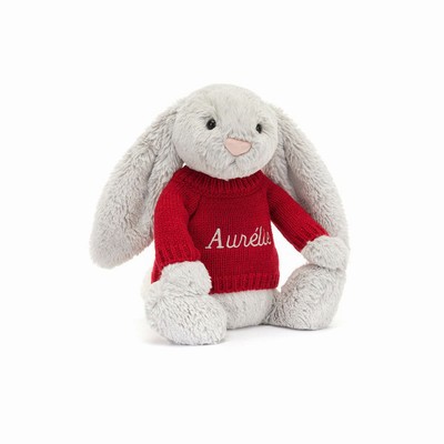 Jellycat Bashful Silver Bunny with Red Jumper New Zealand | CZPGV5173